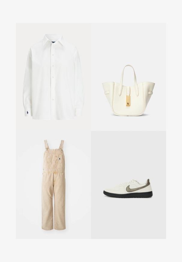 Bela srajca s dolgimi rokavi, klasičen ovratnik in majhna modra oznaka na manšeti. Gladko bombažno blago, strukturirana prileganje.; Bež kombinezon iz čvrstega blaga, z nastavljivimi naramnicami, sprednjim žepom in širokimi hlačnicami s rahlo zbledelim videzom.; Nike Sportswear FIELD GENERAL - Športni copati - off-white/black; Bela usnjena torba z obliko, ki ohranja strukturo, izrazitim šivom, zlatim kovinskim dodatkom in dvema ročkama. Teksturna površina s stranskimi žepi.; Zlato-tonirane podolgovate uhane v obliki obroča, ki imajo na dnu vsakega obroča gladke bele biserne dodatke. Preprost in eleganten dizajn.