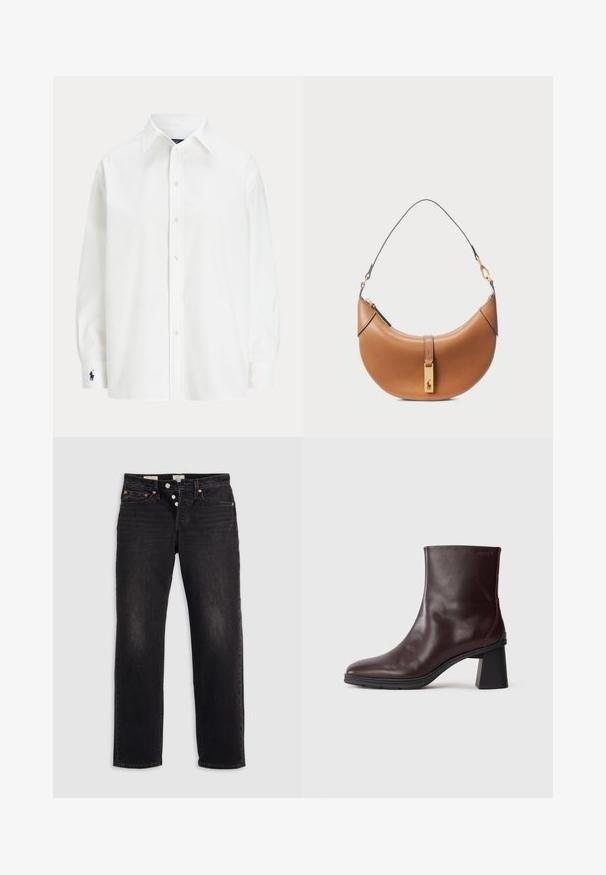 Valge nupuga särk pikkade varrukatega, klassikalise kraega ja väikese sinise logoga mansetil. Sile puuvillane kangas, struktureeritud lõige.; Mustad denim teksad sirge säärega, viie tasku, vasksete nummertäkkide ja nööpidega. Pehme tekstuur kergete fade detailidega.; Tumepruun nahast pahkluu saapad, millel on plokknokk ja ümmargune varvas, esitlemine heledal hallil taustal.; Klassikaline pruun nahast käekott, millel on kumer kuju, kullatud metallist detailid ja õhuke õlarihm. Kotil on lukuga sulgemine ja logo detail esiküljel.