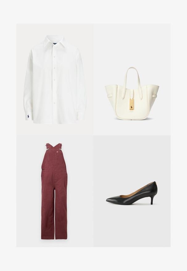 Bílá košile s dlouhými rukávy, klasickým límcem a malým modrým logem na manžetě. Hladká bavlněná tkanina, strukturovaný střih.; Burgundské lacláče vyrobené z bavlny, s křížovými popruhy, předními kapsami a kovovými doplňky. Hladká textura a volnější střih.; Černé kožené lodičky s špičatou špičkou, nízkým podpatkem a hladkým povrchem. Mají mírné otevření vpředu a minimální kovové prvky na zadní straně.; Bílá kožená taška přes rameno se strukturovaným tvarem, výrazným prošitím, zlatým kovovým štítkem a dvojitými uchy. Texturovaný povrch s bočními kapsami.