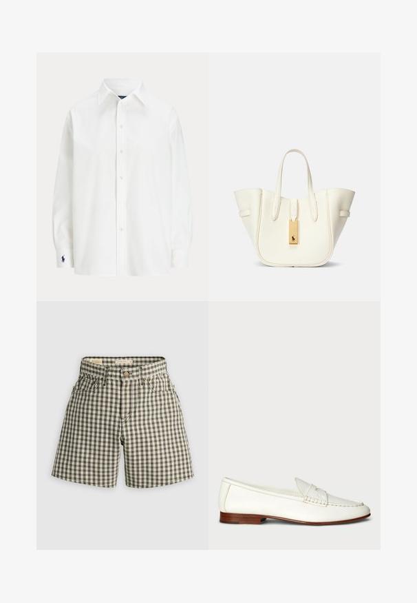 Λευκό πουκάμισο με κουμπιά και μακριά μανίκια, κλασικό γιακά και μικρό μπλε λογότυπο στο μανίκι. Λείο βαμβακερό ύφασμα, δομημένη εφαρμογή.; Καφέ και λευκές καρό βερμούδες με κλείσιμο κουμπιού, δύο μπροστινές τσέπες και χαλαρή εφαρμογή. Κατασκευασμένες από υφαντό ύφασμα με απαλό υφή.; Λευκά δερμάτινα μοκασίνια με υφή, στρογγυλή μύτη και πλεκτή λεπτομέρεια. Χαμηλός ξύλινος τακούνι και μινιμαλιστικός σχεδιασμός.; Λευκή δερμάτινη τσάντα tote με δομημένο σχήμα, έντονη ραφή, χρυσό μεταλλικό ετικέτα και διπλές λαβές. Υφή επιφάνειας με πλάγιες τσέπες.