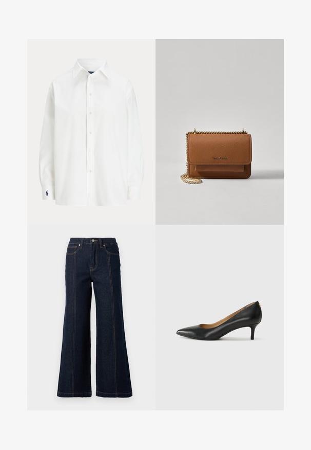 Bijela košulja s dugim rukavima, klasičnog ovratnika, i malim plavim logotipom na manžetama. Glatka pamučna tkanina, strukturirani kroj.; Široke traperice u tamnom denimu. Imaju visoki struk, dva prednja džepa i kontrastnu narančastu šavnu nit duž šavova.; Crne kožne cipele s uskim vrhom, niskom petom i glatkom teksturom. Imaju blago otvaranje sprijeda i minimalne metalne detalje straga.; Smeđa kožna torba preko tijela s teksturom, zlatnim lančićem i preklopom na zatvaranju. Na prednjoj strani nalazi se detalj s potpisom i džep ispod preklopa.