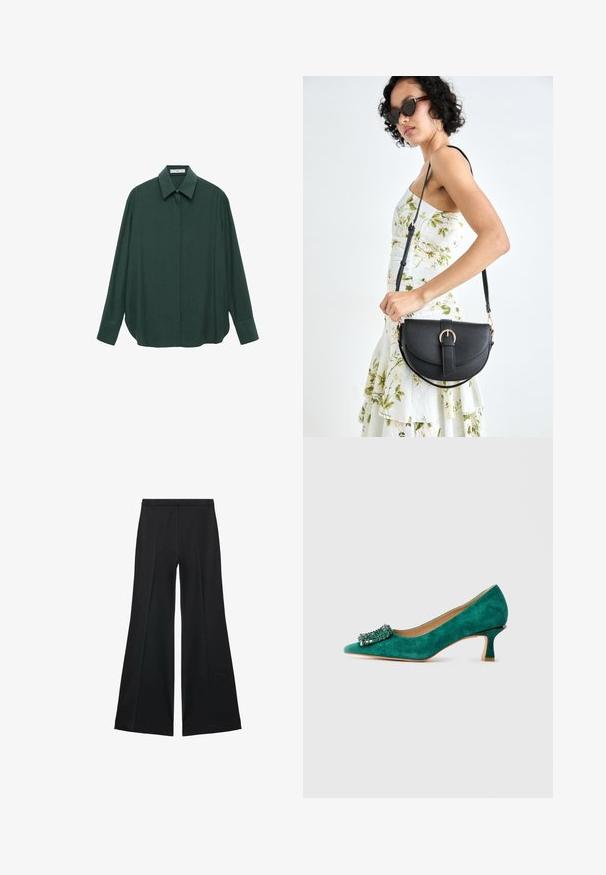 Mørkegrøn langærmet skjorte med klassisk krave, frontknaplukning og afslappet pasform; lavet af glat stof med en subtil struktur.; Sorte brede bukser med en glat tekstur, der har fremadrettede folder og en skræddersyet design. Stofferne er lette og flerdimensionelle.; Grøn nubuck kitten heel sko med spids tå og dekorativt smykkespænde foran, vist i sideprofil på hvid baggrund.; Sort læderhåndtaske med en buet form, aftagelig rem og guldfinish. Tasken har en klap med en spænde detalje.