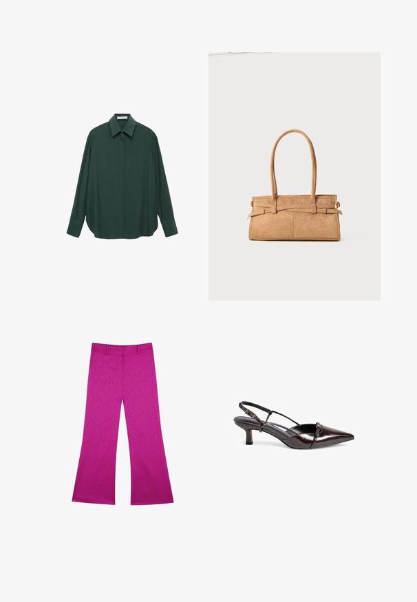 Mørkegrøn langærmet skjorte med klassisk krave, frontknaplukning og afslappet pasform; lavet af glat stof med en subtil struktur.; Lyserøde, flagrende bukser med et bølget mønster, der har en midjebånd og ingen synlig hardware. Stofdet ser glat og strækbart ud.; Brun laklæder slingback pumpe med spids tå, lille blokhæle, krydsremdesign og dekorativ sløjfe detaljer foran.; Tan ruskindtaske med to lange håndtag, rektangulær form og dekorativ syning. Den har en sideløsning og subtile guldfarvede hardware-detaljer.