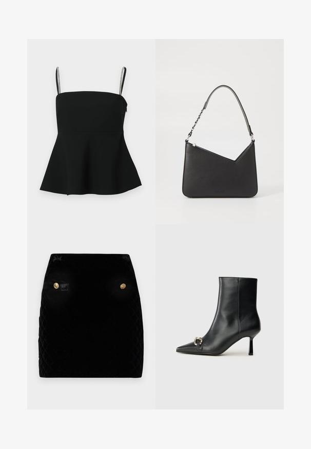 Svart peplum topp med tynne justerbare stropper og sølvdetaljer. Laget av glatt stoff, med en tettsittende bodice og utvidet kant.; Svart, kviltet fløyels mini-skjørt med gullknappdetaljer på midjen. Glatt tekstur med en strukturert design for en tettsittende look.; Sorte lær ankle boot med spiss tå, slank mid-høyde hæl og sølvspenne på siden mot en enkel bakgrunn.; Svart lærveske med trekantet form, en slank stropp og sølvfarget detaljer. Har glidelåslukking og preget logo på forsiden.