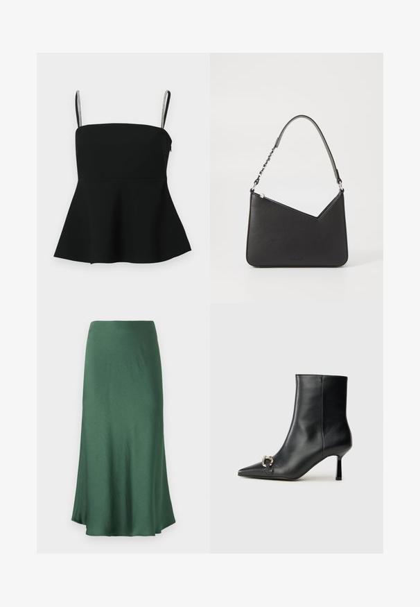 Zwarte peplumtop met dunne verstelbare bandjes en zilveren accenten. Gemaakt van gladde stof, met een aansluitend lijfje en uitlopende zoom.; Donkergroene, middellange rok gemaakt van een gladde, lichte stof. Heeft een eenvoudig A-lijn ontwerp met een lichte uitlopend effect aan de zoom.; Zwarte leren enkelboot met spitse neus, slanke middenhoge hak en zilveren gespdetail aan de zijkant op een effen achtergrond.; Zwart leren handtas met een driehoekige vorm, een slanke strap en zilveren hardware. Voorzien van een ritssluiting en een reliëflogo op de voorkant.
