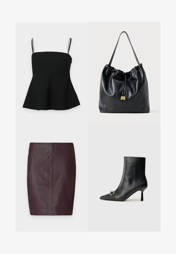 Haut peplum noir avec de fines bretelles ajustables et des accents argentés. Fabriqué à partir d'un tissu lisse, il présente un buste ajusté et un ourlet évasé.; Jupe en cuir bordeaux foncé avec une texture lisse, un design ajusté et une silhouette droite. Présente des coutures minimales et aucun matériel visible.; Bottine en cuir noir avec un bout pointu, un talon moyen fin et un détail de boucle en argent sur le côté, se détachant sur un fond uni.; Sac en cuir noir avec cordon de serrage, texture lisse, partie supérieure froncée et matériel doré discret. Dispose d'une seule sangle robuste et d'un logo embossé.