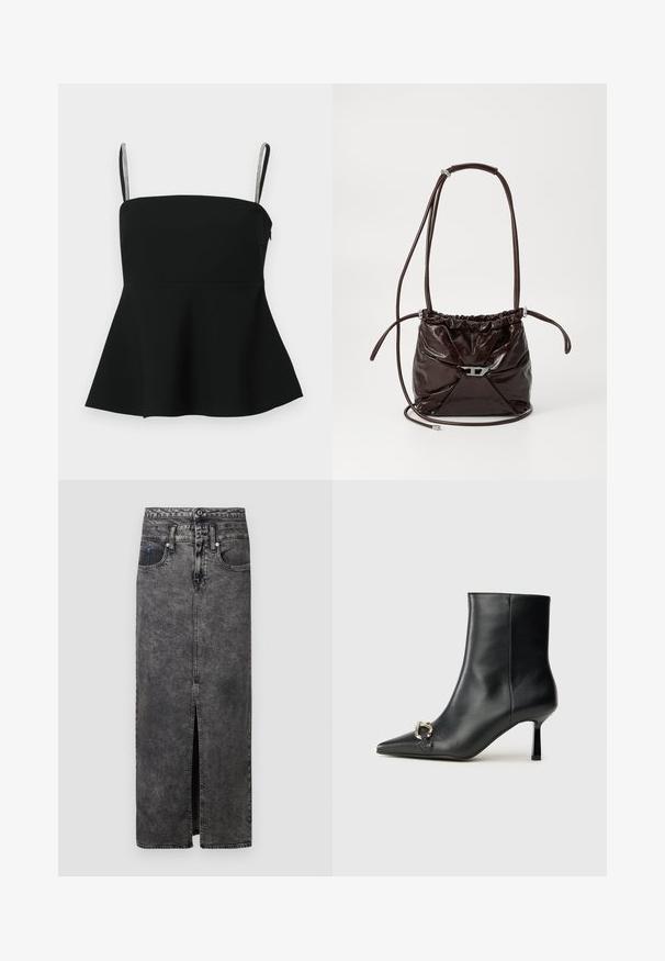 Zwarte peplumtop met dunne verstelbare bandjes en zilveren accenten. Gemaakt van gladde stof, met een aansluitend lijfje en uitlopende zoom.; Zwarte denim maxi rok met een split aan de voorkant, voorzien van een tailleband, riemlussen en twee zakken. Licht gestructureerd oppervlak met vervaagde delen.; Zwarte leren enkelboot met spitse neus, slanke middenhoge hak en zilveren gespdetail aan de zijkant op een effen achtergrond.; Diepbruin, glanzend leren schoudertas met een geplooide bovenkant en een dunne verstelbare schouderriem, met een klein detail van een zilverkleurige sluiting aan de voorkant.