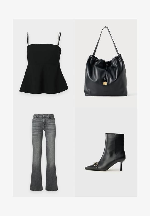 Haut peplum noir avec de fines bretelles ajustables et des accents argentés. Fabriqué à partir d'un tissu lisse, il présente un buste ajusté et un ourlet évasé.; Jean gris évasé en denim, avec une taille mi-haute, un léger délavage et un design classique à cinq poches.; Bottine en cuir noir avec un bout pointu, un talon moyen fin et un détail de boucle en argent sur le côté, se détachant sur un fond uni.; Sac en cuir noir avec cordon de serrage, texture lisse, partie supérieure froncée et matériel doré discret. Dispose d'une seule sangle robuste et d'un logo embossé.