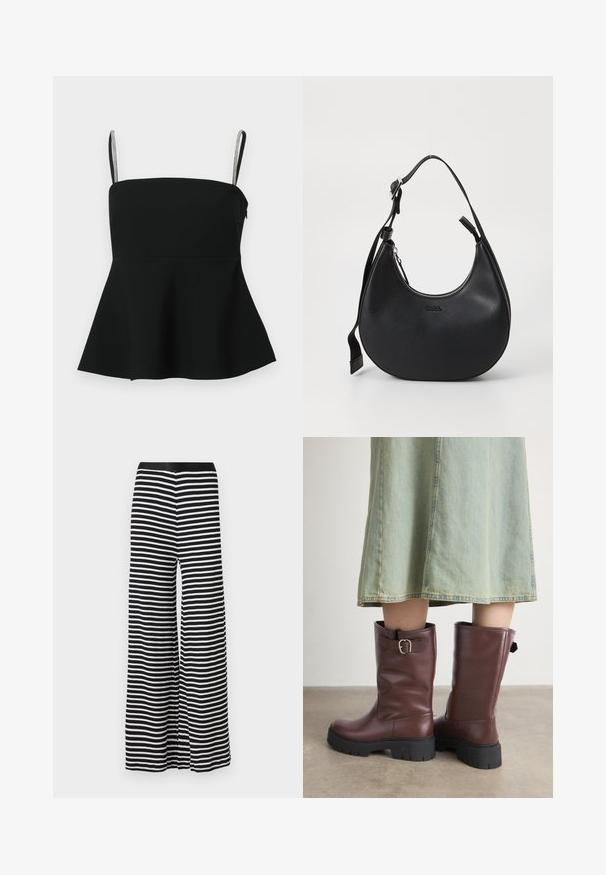 Zwarte peplumtop met dunne verstelbare bandjes en zilveren accenten. Gemaakt van gladde stof, met een aansluitend lijfje en uitlopende zoom.; Zwart-wit gestreepte wijde broek met een gladde textuur en een elastische tailleband, met een comfortabele pasvorm en naaddetails.; Bruine leren kniehoge laarzen met een textuurafwerking, voorzien van een zijgesp en stevige zwarte rubberen zolen.; Zwarte leren schoudertas met een gebogen vorm, ritsluiting en verstelbare schouderband. Voorzien van het reliëf logo van het merk aan de voorkant.