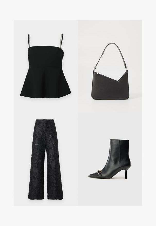 Must muströöviga must peplum-tee, millel on õhukesed reguleeritavad rihmad ja hõbedased aksessuaarid. Valmistatud siledast kangast, omab see kinnitatud bodi ja laienevat allserva.; Kumerjalad mustad püksid, mis on valmistatud tekstuuriga kangast lillemustriga. Omavad kõrget vööd ja siledat viimistlust.; Must mustanvärvi nahast pahklinetopp, millel on terav nina, peen keskmise kõrgusega konts ja hõbedane keha detail külgedel, taustal lihtne taust.; Mustmust mustra kott, millel on kolmnurkne kuju, õhuke rihm ja hõbedased detailid. Omab tõmblukuga sulgemist ja reljeefset logo esiklapi peal.