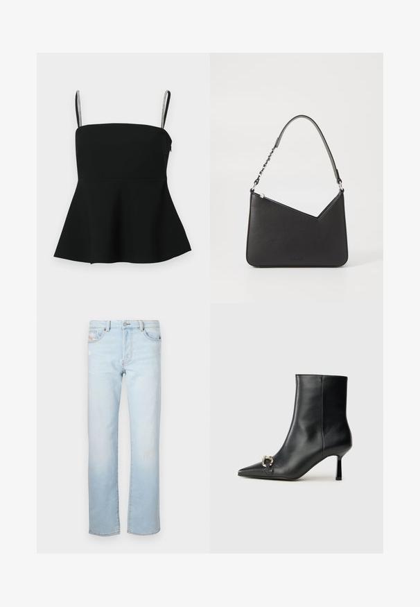 Must muströöviga must peplum-tee, millel on õhukesed reguleeritavad rihmad ja hõbedased aksessuaarid. Valmistatud siledast kangast, omab see kinnitatud bodi ja laienevat allserva.; Heledad sinised teksad sirge lõikega, millel on kerge kulumine, viis taskut ja nupukinnitus.; Must mustanvärvi nahast pahklinetopp, millel on terav nina, peen keskmise kõrgusega konts ja hõbedane keha detail külgedel, taustal lihtne taust.; Mustmust mustra kott, millel on kolmnurkne kuju, õhuke rihm ja hõbedased detailid. Omab tõmblukuga sulgemist ja reljeefset logo esiklapi peal.