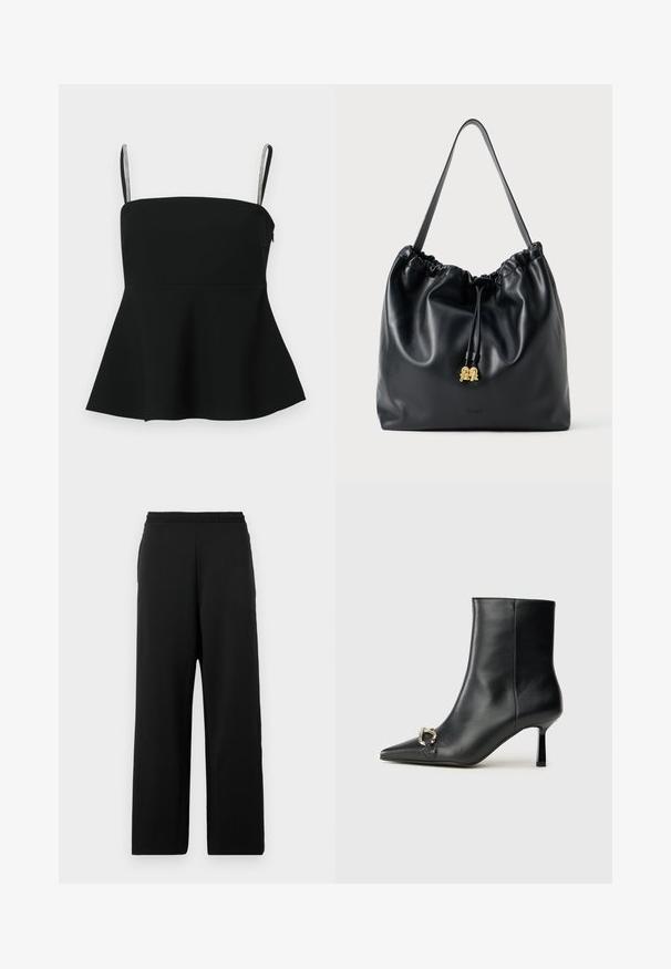 Čierny peplum top s tenkými nastaviteľnými ramienkami a striebornými akcentmi. Vyrobený z hladkého materiálu, s priliehajúcim korzetom a rozšíreným lemom.; Čierne nohavice s širokými nohavicami vyrobené z mäkkej látky, s elastickým pásom a hladkým povrchom bez vzorov alebo akcentov.; Čierna kožená členková obuv s špicatou špičkou, štíhlým stredne vysokým podpätkom a striebornou sponou na boku na jednoduchom pozadí.; Čierna kožená taška so šnúrkami, hladkým povrchom, sťahovacím vrchom a jemným zlatým kovania. Obsahuje jeden pevný popruh a embosované logo.