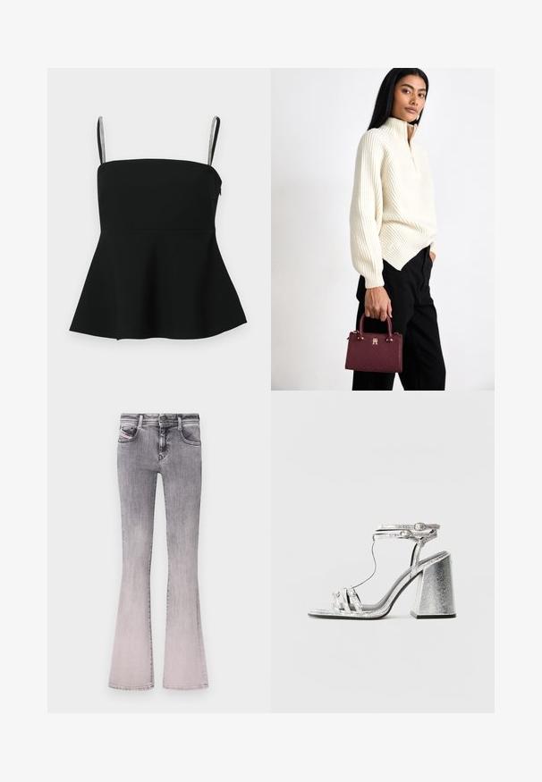 Must muströöviga must peplum-tee, millel on õhukesed reguleeritavad rihmad ja hõbedased aksessuaarid. Valmistatud siledast kangast, omab see kinnitatud bodi ja laienevat allserva.; Laienevad teksapüksid, mille värvimuutus on mustast heledamasse halli denimisse. Omab klassikalist viie tasku disaini, ees nuppude sulgemine ning peened õmblusteed.; Hallidega hõbedased sandaalid, millel on plokknööp, õhukeste rihmadega ja pahkluu klambriga. Materjalil on metallik viimistlus ja tekstureeritud välimus.; Tommy Hilfiger ETERNITY MICRO TOTE MONO - Käekott - raspberry truffle