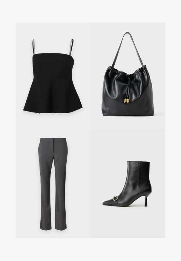 Must muströöviga must peplum-tee, millel on õhukesed reguleeritavad rihmad ja hõbedased aksessuaarid. Valmistatud siledast kangast, omab see kinnitatud bodi ja laienevat allserva.; Hallist kohandatud püksid otse lõikega, nupuga kaunistused helmel ja siledapinnaga. Omavad siledat esipinda ja küljetaskuid.; Must mustanvärvi nahast pahklinetopp, millel on terav nina, peen keskmise kõrgusega konts ja hõbedane keha detail külgedel, taustal lihtne taust.; Mustmust nahkakanas, millel on sile tekstuur, kokku tõmmatud ülemine osa ja tagasihoidlik kuldne riistvara. Sisaldab ühte tugevat rihma ja reljeefset logo.