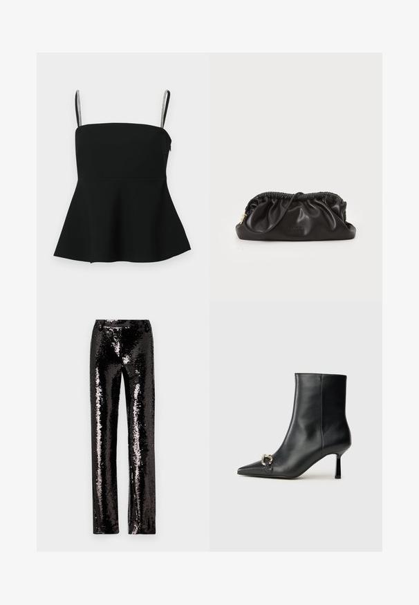 Top peplum preto com alças finas ajustáveis e detalhes em prata. Feito de um tecido suave, possui um corpete ajustado e uma bainha larga.; Calças pretas em lantejoulas com um design de perna reta, apresentando uma textura brilhante e uma superfície cintilante que reflete a luz. Sem fechos visíveis.; Bota preta de couro até ao tornozelo com bico apontado, salto slim de altura média e detalhe em fivela prateada de lado, contra um fundo simples.; Clutch bag em couro preto com parte superior franzida, fecho em zíper e detalhes em metal dourado. Textura lisa com detalhe de logo em relevo.