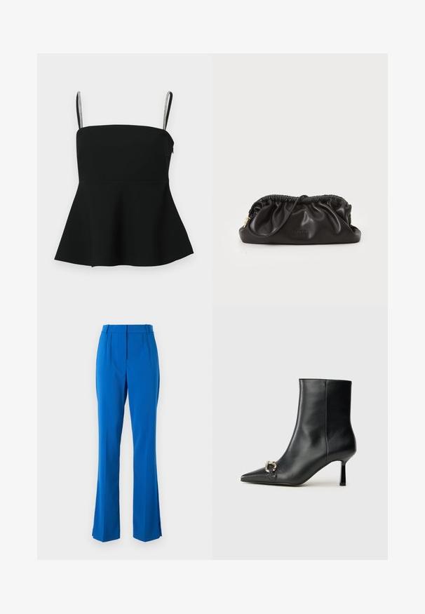 Schwarzes Peplum-Oberteil mit dünnen verstellbaren Trägern und silbernen Akzenten. Aus glattem Stoff gefertigt, mit einer taillierten Passform und einem ausladenden Saum.; Blaue maßgeschneiderte Hose mit hoher Taille, Falten an der Vorderseite und ausgestellt geschnittenen Beinen mit seitlichen Schlitzen, aus einem glatten, leichten Stoff gefertigt.; Schwarze Leder-Stiefelette mit spitzer Zehe, schlankem, mittelhohem Absatz und silberner Schnalle seitlich vor einem schlichten Hintergrund.; Schwarze Leder-Clutch mit gerafft Oberteil, Reißverschluss und goldenen Hardware-Details. Glatte Textur mit geprägtem Logo.