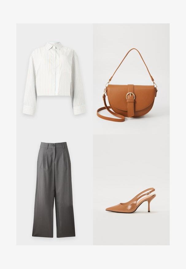 Skraćena košulja s gumbima u svijetloplavoj boji s okomitim prugama u narančastoj i bijeloj boji. Ima klasičan ovratnik, duge rukave i džep na prsima.; Široke hlače od tamnosive tkanine, s gumbom za zatvaranje, nabranim prednjim dijelom i glatkom teksturom. Nema vidljivih uzoraka ili akcenta.; Sandal s petom u obliku šiljastog prsta od glatkog, sjajnog smeškastog materijala. Ima zakrivljeni izrez i vitku štiklu. Detalj s srebrnom kopčom.; Smeđa kožna torba preko tijela s zakrivljenim oblikom, zlatnim metalnim detaljima i naglaskom na kopču. Ima odvojivu naramenicu.