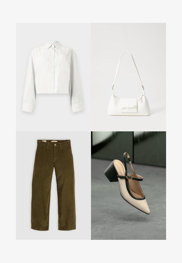 Šviesiai mėlyna trumpinta marškinėlių viršutinė dalis su vertikaliomis oranžinėmis ir baltomis juostelėmis. Turi klasikinį apykaklę, ilgas rankoves ir kišenę krūtinėje.; Tamsiai žalia velveto kelnės su tiesia koja, turinčios priekinės kišenes ir mygtukų apdarą, rodančios vertikalią raukšlių tekstūrą.; Smėlio spalvos aukštakulniai atviri bateliai su smailia nosyte, juodomis apvadomis ir sagties detalėmis. Lygus matinio paviršiaus medžiaga, vidutinio aukščio storu kulnu.; Balta sintetinė rankinė trikampio formos, plokščiu priekiu su užsegimu, kaspino detale, reguliuojama dirželiu, lygia tekstūra ir minimalistišku dizainu.