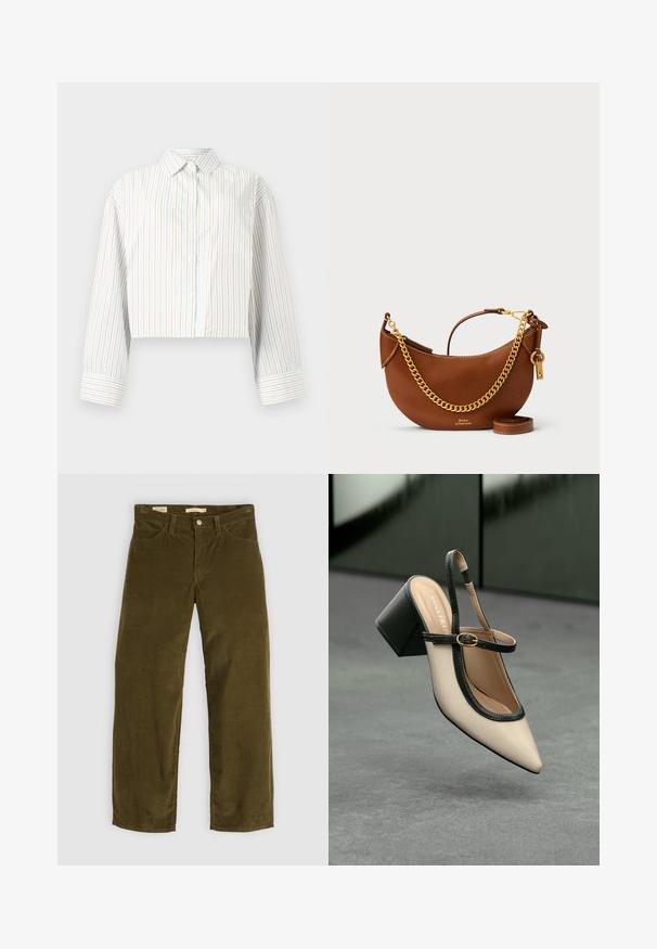 Camisa cropped de botões em azul claro com riscas verticais em laranja e branco. Apresenta um colarinho clássico, mangas longas e um bolso no peito.; Calças em corduroy verde oliva com um design de perna reta, apresentando bolsos frontais e um fecho de botão, exibindo uma textura de nervuras verticais.; Sandal de biqueira pontuda em bege com acabamento preto, fivela dourada e um salto bloco sólido, em um chão cinza com fundo verde escuro.; Bolsa de mão de couro castanho com um design curvado, alça de corrente dourada, bolso interior e uma alça de ombro destacável. Apresenta costura em contraste.