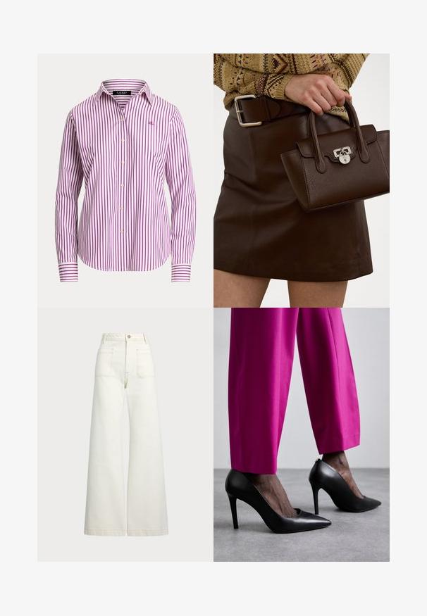 Csíkos ing fehér és lila függőleges csíkokkal, klasszikus gallérral, hosszú ujjal, és egy kis logóval a mellkason.; Széles szárú farmernadrág off-white denim anyagból. Magas derekú dizájn, gombos záródással, két elülső zsebbel és kontrasztos varrási részletekkel.; Fekete magassarkú cipők hegyes orral és sima bőr textúrával. Élénk rózsaszín, fazonra szabott nadrággal párosítva.; Barna bőr kézitáska texturált felülettel és ezüst színezetű fémalkatrészekkel, egy kézben tartva, mellette egy barna bőr szoknyával és mintás pulóverrel.