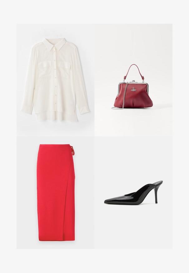 Weißes Hemd mit Knöpfen aus leichtem Stoff. Es hat einen klassischen Kragen, zwei Brusttaschen und einen leicht längeren hinteren Saum.; Rote gerippte Strick-Midi-Rock mit einem Seitenschlitz, der eine Bindung in der Taille hat. Glatte Textur mit einer figurbetonten Silhouette.; Schwarze Lackleder-Pumps mit hohen Absätzen, spitzer Zehenform und schlanker Silhouette, mit offenem Rücken und schlankem Stiletto-Absatz.; Rote Lederhandtasche mit einem Schulterriemen aus Silberkette, abgerundeter Form, plissiertem Design und einem Metallverschluss an der Oberseite. Mit einem Logo-Detail verziert.