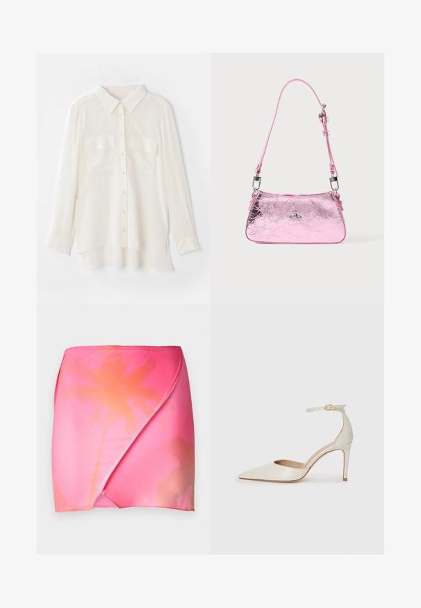 Vit skjorta med knappar i lätt tyg. Har en klassisk krage, två bröstfickor och en något längre bakre fåll.; Rosa gradient omslagskjol i slät, elastisk tyg med en ombre-effekt från livfull rosa till mjuk orange. Enkel midjebandsdesign.; Vit läderhögklackad sko med spetsig tå, ankelrem och en smal stilettklack. Slät textur med diskret glänsande finish.; Rosa metallisk handväska med en skrynklig textur, justerbar rem och silvriga detaljer. Har en liten emblem på framsidan.