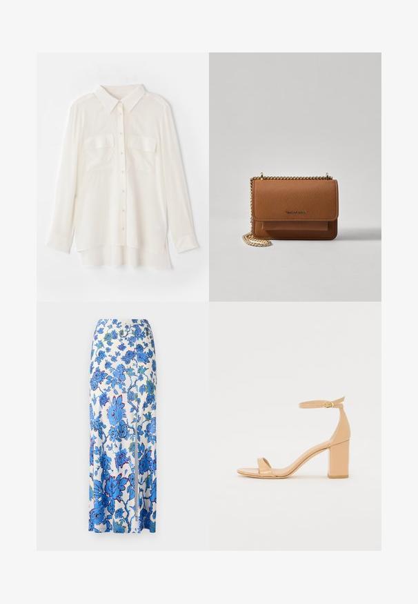 Bílá košile na knoflíky vyrobená z lehkého materiálu. Má klasický límec, dvě náprsní kapsy a mírně prodloužený zadní lem.; Maxi sukně z bílé látky s modrým květinovým vzorem. Má boční rozparek a hladkou, lehkou texturu.; Nahé lakované sandály na podpatku se čtveratou špičkou, kotníkovým páskem a masivním blokovým podpatkem. Hladká texturka a minimální designové detaily.; Hnědá texturovaná kožená kabelka přes rameno se zlatým řetízkovým popruhem a klopnovým uzavíráním. Přední strana obsahuje detail loga a kapsu pod klopou.