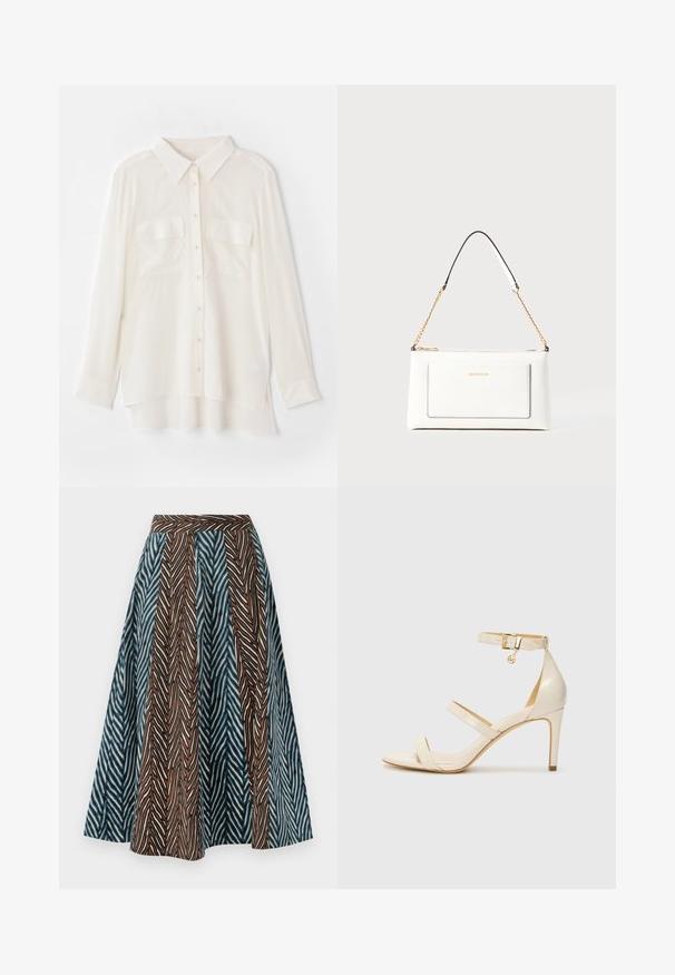 Hvid skjorte med knapper lavet af letvægtsstof. Har en klassisk krave, to brystlommer og en lidt længere bagkant.; Brun og blå midi nederdel med zigzag mønster, plisseret design og en tætsiddende talje. Fremstillet af letvægtsstof.; Beige høje hæle sandaler med tynd ankelrem og to øvre remme. Glanset lakfinish og guld hardware detalje på ankelremmen.; Hvid lædertaske med tekstureret overflade, med en guldkædetras og sorte detaljer. Indeholder en frontlomme og lynlås lukning.
