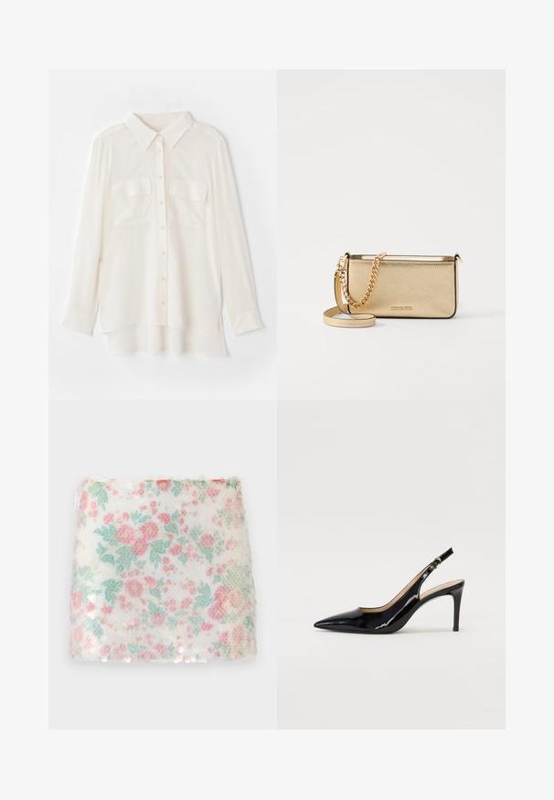 Bílá košile na knoflíky vyrobená z lehkého materiálu. Má klasický límec, dvě náprsní kapsy a mírně prodloužený zadní lem.; Bílé látky s květinovým vzorem v jemně růžových a zelených květech, která má texturovaný povrch a subtílní flitry podél dolního okraje.; Černé lakované slingback lodičky s špičatou špičkou, úzkým podpatkem a jemným výřezem. Obsahují zlatou sponu na řemínku.; Metalická zlatá kožená psaníčko s texturovaným povrchem, vybavená zlatým řetízkovým popruhem a odnímatelným ramenním popruhem. Vystouplé logo značky.