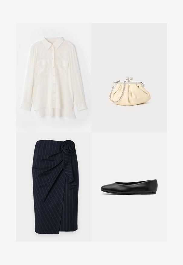 Chemise blanche à boutons en tissu léger. Présente un col classique, deux poches poitrine et un ourlet arrière légèrement plus long.; Jupe bleu marine à mi-mollet avec des rayures blanches, design enveloppant et un détail en rosette en tissu à la taille.; Paul Smith TOPANGA - Ballerines - black; Pochette en cuir beige plissé avec un cadre en métal argenté, dotée de deux fermoirs ronds décoratifs et d'une chaîne en argent.