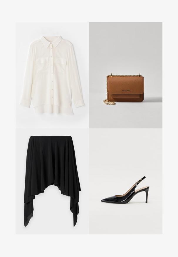 Valkoinen napillinen paita, joka on valmistettu kevyestä kankaasta. Ominaisuuksiin kuuluu klassinen kaulus, kaksi rintataskua ja hieman pidempi takahame.; Musta epäsymmetrinen hame, joka on valmistettu pehmeästä kankaasta, ja siinä on roikkuvia kerroksia sekä leveä vyötärökaistale, mikä luo virtaviivaista siluettia.; Musta lakattu nahkainen slingback-korkokenkä, jossa on terävä kärki, kapea korko ja hillitty leikkaussuunnittelu. Varressa on kultainen solki.; Ruskean teksturoidun nahkasta valmistettu crossbody-laukku, jossa on kultaketjuhihna ja läppäkiinnitys. Edessä on logodetail ja tasku läppäisen alla.