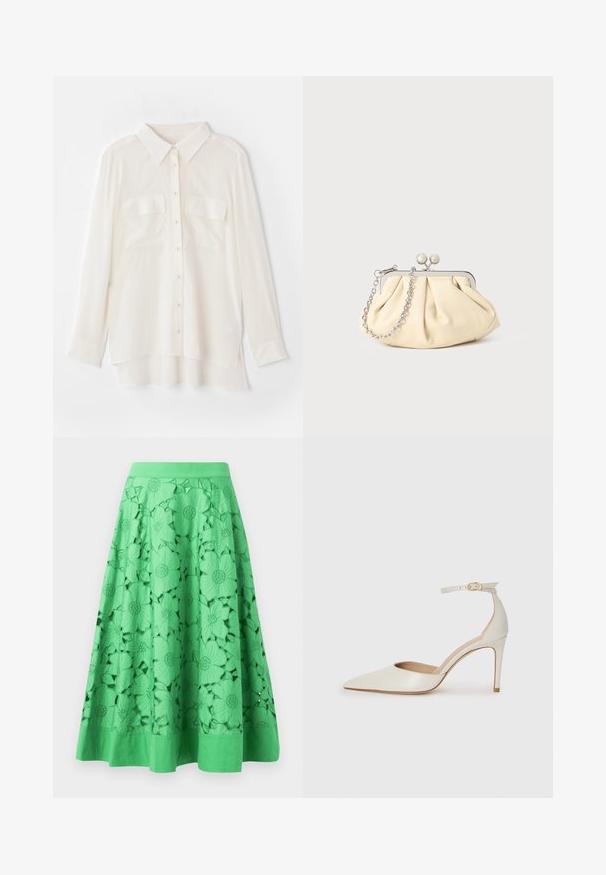 Biela košeľa na gombíky vyrobená z ľahkej tkaniny. Má klasický golier, dve náprsné vrecká a mierne dlhší zadný okraj.; Zelená sukňa s kvetinovými vyrezávanými vzormi, hladkou textúrou a priliehavým pásom. Spodný okraj je pevný a mierne rozšírený.; Biele kožené topánky na vysokom podpätku s špicatou špičkou, remienkom okolo členka a štíhlym stiletto podpätkom. Hladký povrch s jemným lesklým povrchom.; Zhlý béžový kožený klobúk so strieborným kovovým rámom, ktorý má dve okrúhle dekoratívne zámky a strieborný reťazový popruh.