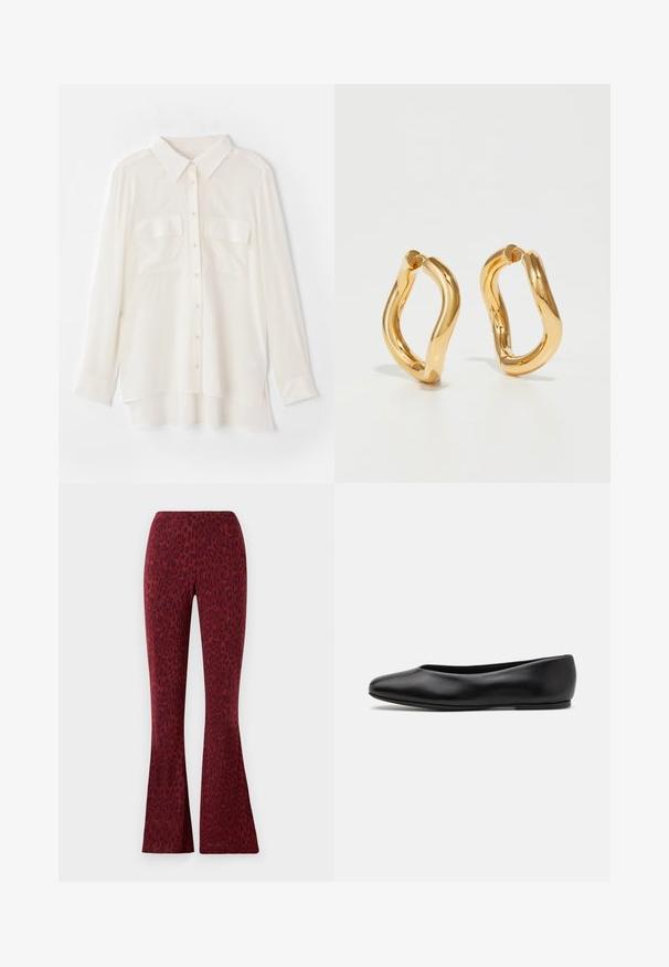 Bijela košulja s dugim rukavima od lagane tkanine. Ima klasičnu kragnu, dva džepa na prsima i blago duži stražnji rub.; Crvene zvonaste hlače s baršunastim uzorkom leoparda, glatke teksture i elastičnom trakom u struku za udobnost.; Paul Smith TOPANGA - Balerinke - black; Zlatne naušnice-krugovi s zakrivljenim, nepravilnim oblikom i glatkom, poliranom teksturom. Nema vidljive mehanike ili detalja.