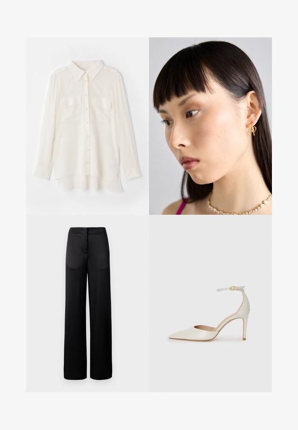 Camisa blanca con botones, hecha de tejido ligero. Cuenta con un cuello clásico, dos bolsillos en el pecho y un dobladillo trasero ligeramente más largo.; Pantalones negros de pierna ancha con una superficie texturada, que cuentan con una cintura plana y dos bolsillos laterales. La tela parece ligera y fluida.; Zapato de tacón alto de cuero blanco con punta afilada, correa en el tobillo y un delgado tacón de aguja. Textura lisa con un sutil acabado brillante.; Pendiente de aro dorado llevado en la oreja derecha, que presenta un diseño abierto. El modelo tiene el cabello liso y oscuro y un maquillaje minimalista.