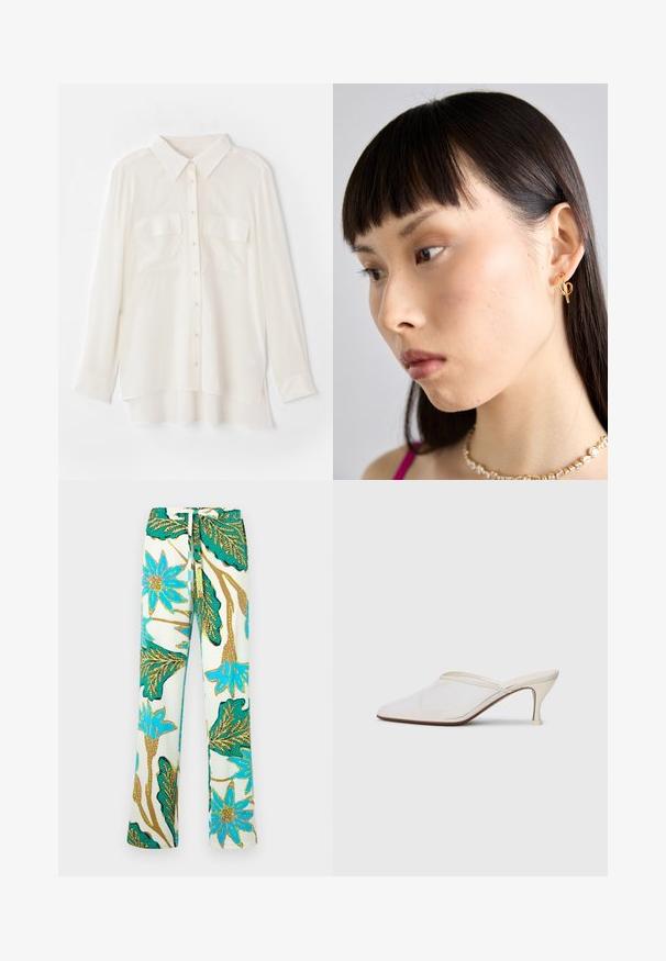 Valkoinen napillinen paita, joka on valmistettu kevyestä kankaasta. Ominaisuuksiin kuuluu klassinen kaulus, kaksi rintataskua ja hieman pidempi takahame.; Kukallinen housu, jossa on sinisiä kukkia ja vihreitä lehtiä vaaleankreemissä taustassa; materiaali näyttää sileältä ja istuu rennosti.; Valkoinen verkkokangas teräväkärkinen mulu, jossa on ohut keskipituinen korko ja liukupohjainen muotoilu yksinkertaista taustaa vasten.; Kulta rengas korvakoru, joka on paikallaan oikeassa korvassa, ja siinä on avoin muotoilu. Mallilla on suora, tumma hius ja vähäinen meikki.