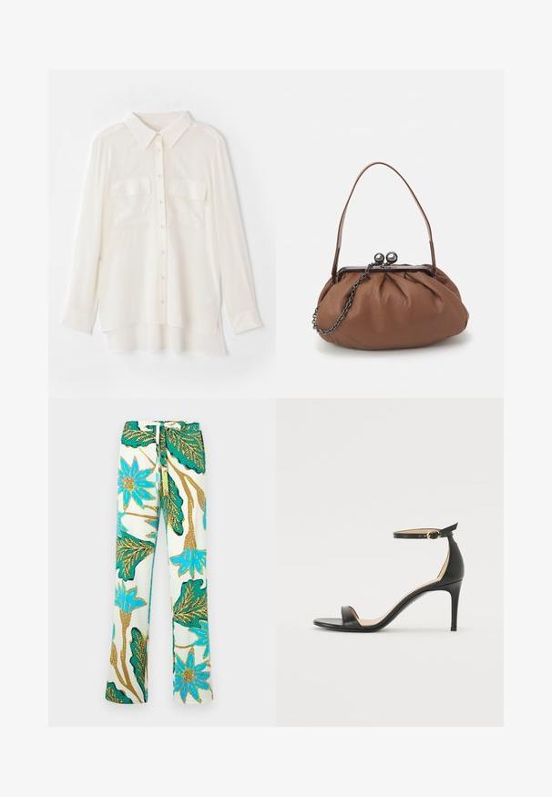 Bílá košile na knoflíky vyrobená z lehkého materiálu. Má klasický límec, dvě náprsní kapsy a mírně prodloužený zadní lem.; Kalhoty s květinovým vzorem s modrými květy a zelenými listy na krémovém pozadí; materiál se zdá být hladký a má volný střih.; Černá kožená sandálová bota na vysokém podpatku s páskem kolem kotníku. Vyznačuje se hladkým povrchem, otevřenou špičkou a tenkým podpatkem. Detail v zlatém tónu na sponě.; Hnědá kožená taška s nařaseným designem, krátkým koženým uchem a řetízkovým popruhem. Obsahuje stříbrnou kovovou sponu se dvěma kulatými detaily.