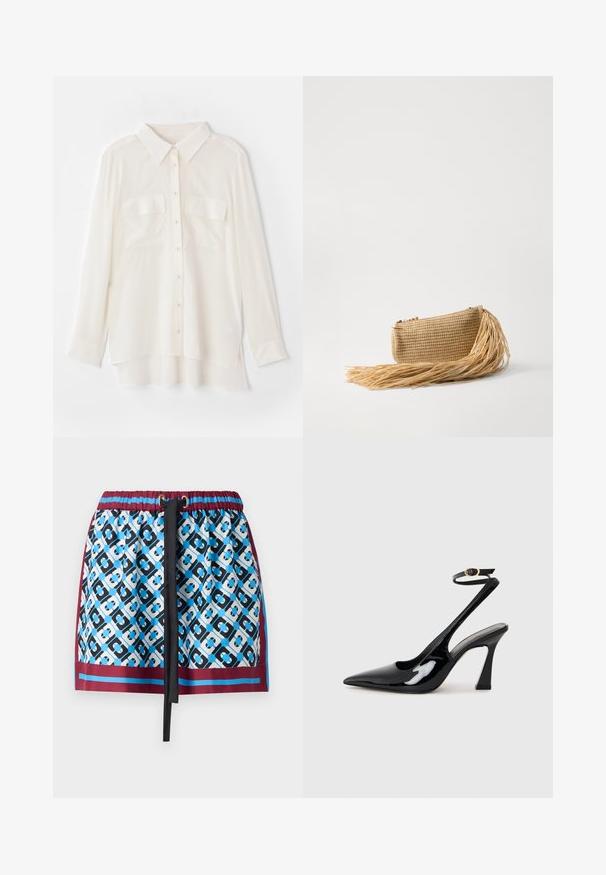 Biała koszula zapinana na guziki wykonana z lekkiego materiału. Posiada klasyczny kołnierzyk, dwie kieszenie na piersiach oraz nieco dłuższy tylny brzeg.; Krótka spódnica z niebiesko-czarnym wzorem geometrycznym, elastycznym paskiem z sznurkiem regulacyjnym oraz burgundowym wykończeniem u dołu.; Czarne lakierowane szpilki slingback na wysokim obcasie z wydłużonym noskiem, regulowanym paskiem na kostce i umiarkowanym obcasem w kształcie bloku. Gładka struktura z błyszczącym wykończeniem.; Cult Gaia VIERA beżowy