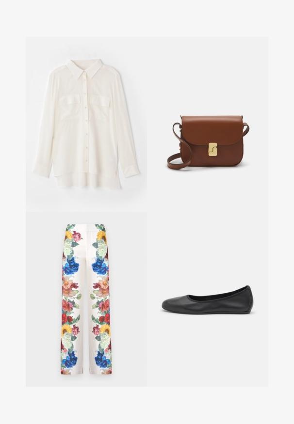 White button-up shirt made of lightweight fabric. Features a classic collar, two chest pockets, and a slightly longer back hem.; Alice + Olivia ANDREW BOOTCUT SLIM PANT - Trousers - off white; Black leather ballet flat with a rounded toe, smooth texture, minimal stitching detail, and a flexible sole design.; Brown leather handbag with a flap closure, gold-tone hardware, a shoulder strap, and a smooth texture. Compact rectangular shape.