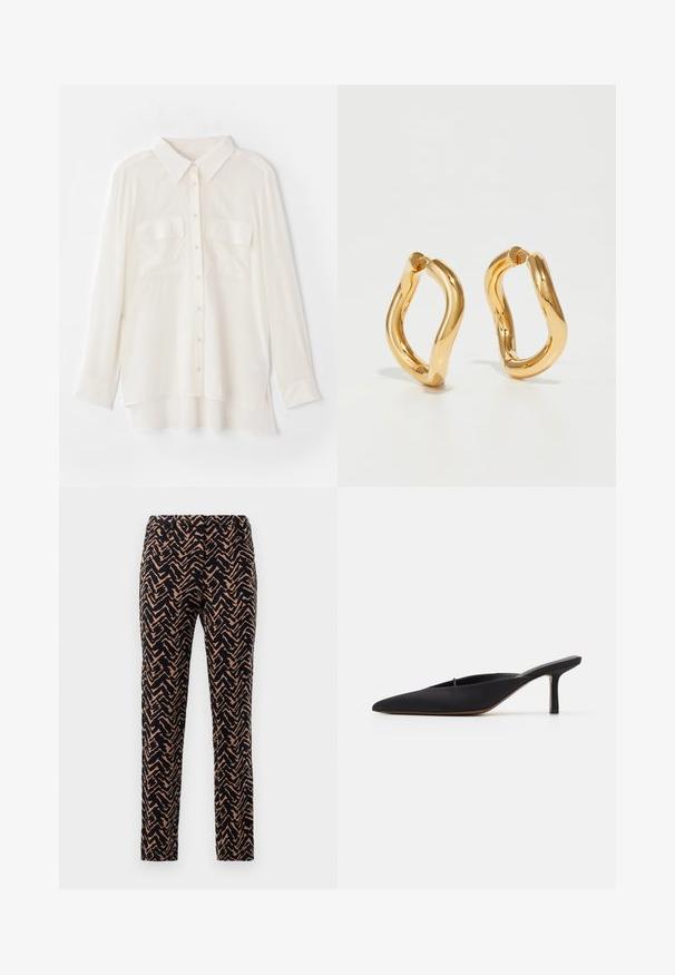 Biela košeľa na gombíky vyrobená z ľahkej tkaniny. Má klasický golier, dve náprsné vrecká a mierne dlhší zadný okraj.; Slim-fit nohavice so zigzagovým vzorom v námorníckej a pieskovej farbe, s hladkou textúrou a štandardným pásom.; Čierny mule s ostrým špičkou a elegantným dizajnom, vyrobený z hladkej látky, so štíhlým podpätkom a otvorenou zadnou časťou pre jednoduché obutie.; Zlaté kruhové náušnice s zakriveným, nepravidelným tvarom a hladkým, lesklým povrchom. Bez viditeľného hardvéru alebo akcentov.