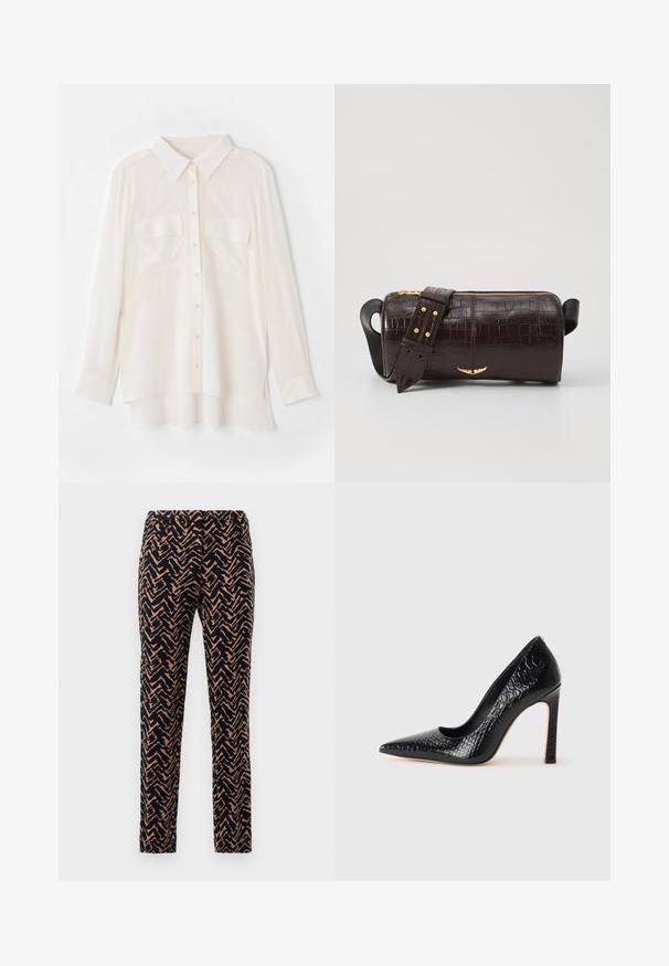 White button-up shirt made of lightweight fabric. Features a classic collar, two chest pockets, and a slightly longer back hem.; Slim-fit trousers in a zigzag pattern, navy and tan colors, featuring a smooth texture and a standard waistband.; Black pointed-toe high heel shoe with a crocodile-skin texture, featuring a sleek design, high stiletto heel, and smooth black interior.; Brown crocodile-embossed leather bag with a cylindrical shape, gold-tone hardware, and a detachable strap featuring studs.