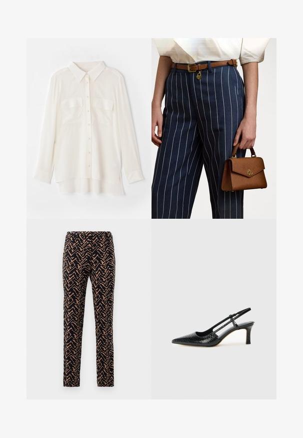 Bela srajca s kratkimi rokavi iz lahkega blaga. Ima klasičen ovratnik, dva žepa na prsih in nekoliko daljši zadnji rob.; Slim-fit hlače v zigzag vzoru, mornarsko modre in peščene barve, z gladko teksturo in standardnim pasom.; Črne lakaste slingback pete s koničastim nosom, ki imajo teksturiran vzorec kačje kože, nastavljiv trak in kratek teksturiran blok peto.; Rjav teksturiran ročni torbica z zlatimi dodatki, držana ob modrih črtastih hlačah z belimi navpičnimi črtami. Preprost, strukturiran dizajn.