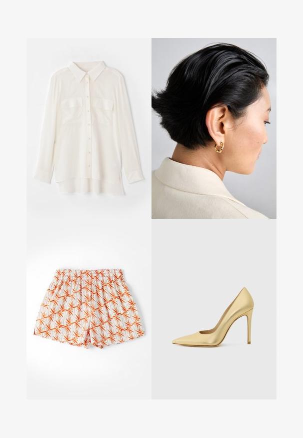 Valkoinen napillinen paita, joka on valmistettu kevyestä kankaasta. Ominaisuuksiin kuuluu klassinen kaulus, kaksi rintataskua ja hieman pidempi takahame.; Valkoiset shortsit, joissa on oranssi palmulehtikuvio, joustava vyötärö ja väljät leikkaukset. Valmistettu kevyestä kankaasta, sopii lämpimään säähän.; Kultaiset metalliset korkokengät, joissa on kärkikorko ja stiletto-korko, kuvattuna sivulta yksinkertaisella vaalealla taustalla.; Kulta metalliset renkaat korvakorut, joita käytetään lyhyillä mustilla hiuksilla, esitetty sivuprofiilista, korostaen sileää, kiillotettua pintaa ja nykyaikaista suunnittelua.