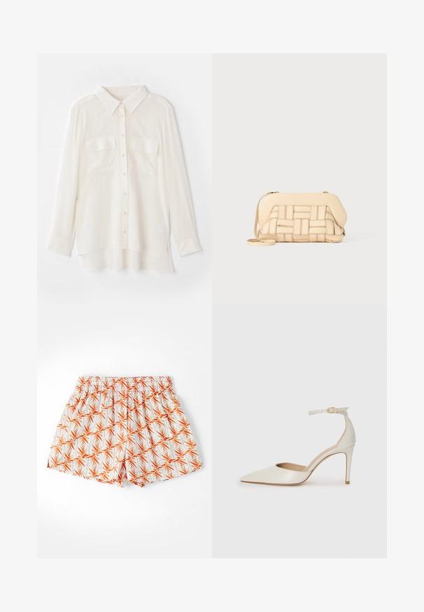 Camisa blanca con botones, hecha de tejido ligero. Cuenta con un cuello clásico, dos bolsillos en el pecho y un dobladillo trasero ligeramente más largo.; Pantalones cortos blancos con un patrón de hojas de palma naranjas, cinturilla elástica y un corte holgado. Hechos de una tela ligera, adecuados para el clima cálido.; Zapato de tacón alto de cuero blanco con punta afilada, correa en el tobillo y un delgado tacón de aguja. Textura lisa con un sutil acabado brillante.; Bolso tejido beige con un diseño estructurado, que cuenta con una parte superior lisa y una correa larga. Los detalles texturizados realzan la apariencia general.