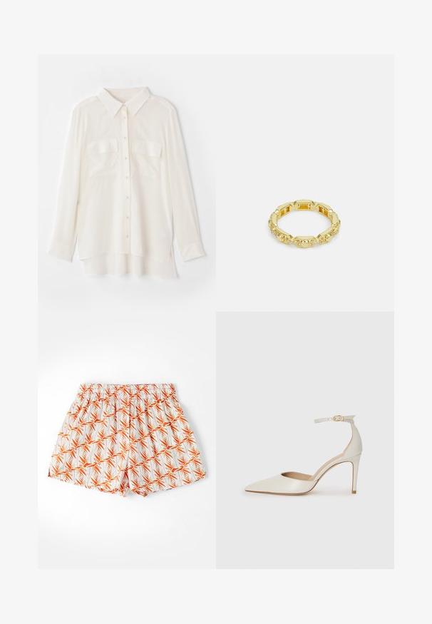 Camisa blanca con botones, hecha de tejido ligero. Cuenta con un cuello clásico, dos bolsillos en el pecho y un dobladillo trasero ligeramente más largo.; Pantalones cortos blancos con un patrón de hojas de palma naranjas, cinturilla elástica y un corte holgado. Hechos de una tela ligera, adecuados para el clima cálido.; Zapato de tacón alto de cuero blanco con punta afilada, correa en el tobillo y un delgado tacón de aguja. Textura lisa con un sutil acabado brillante.; Anillo dorado con un diseño texturizado, que presenta acentos redondos y pequeñas piedras transparentes engastadas en una banda circular.
