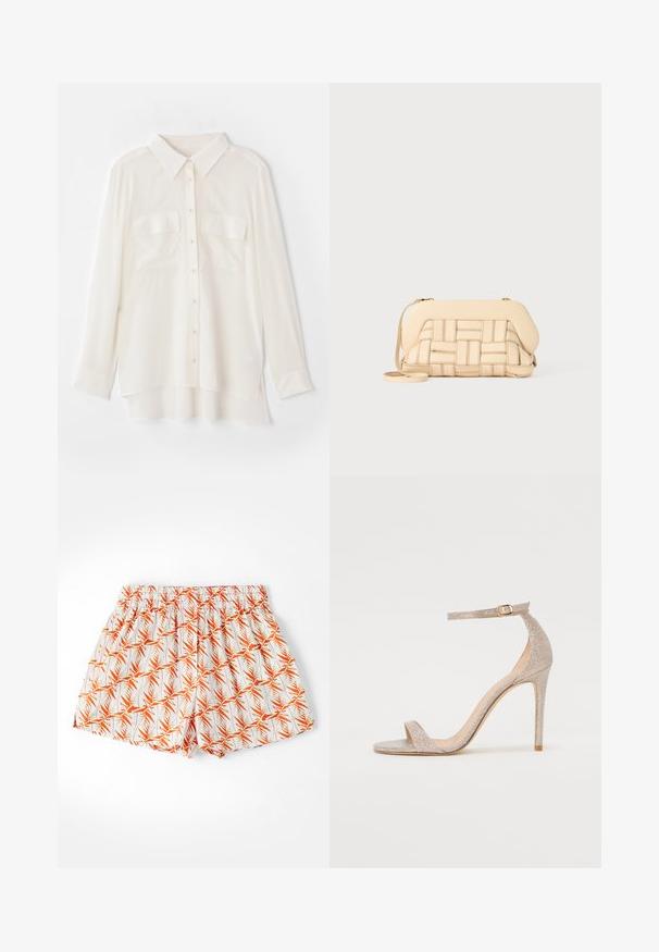 Cămașă albă cu nasturi, confecționată dintr-un material ușor. Prezintă un guler clasic, două buzunare pe piept și o margine din spate puțin mai lungă.; Pantaloni scurți albi cu un model de frunze de palmier portocalii, talie elastică și o croială lejeră. Confectionați dintr-un material ușor, potriviți pentru vreme caldă.; Sandale cu toc înalt, cu curelușe, de culoare aurie metalizată, având un toc texturat, vârful deschis și curea pe gleznă cu detalii din aur.; Geantă bej țesută cu un design structurat, având un capac neted și o curea lungă. Detaliile texturate îmbunătățesc aspectul general.