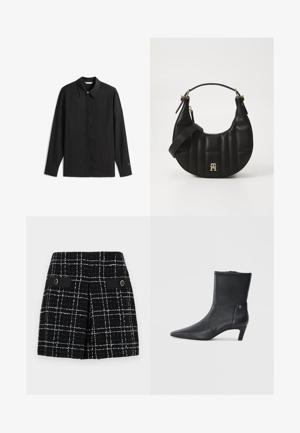 Camicia nera a maniche lunghe con colletto a punta, chiusura frontale con bottoni e un bottone con accento dorato. Presenta una texture liscia e una vestibilità rilassata.; Gonna a scacchi bianca e nera realizzata in tessuto testurizzato, con due tasche frontali con accenti neri e una ferramenta circolare dorata.; Stivaletti neri in pelle con punta appuntita e tacco basso. Presentano una consistenza liscia e un piccolo dettaglio in oro con logo sul lato.; Borsa a spalla in pelle nera con forma curva, texture trapuntata e dettagli in oro. Presenta una tracolla removibile e dettaglio del logo.