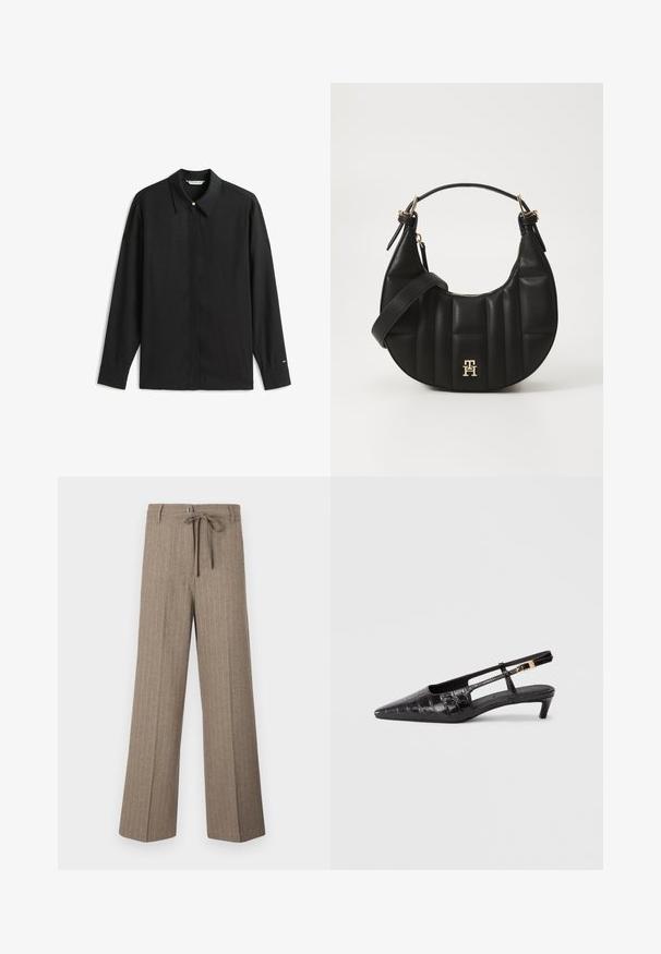 Czarna koszula z długim rękawem, z wyłogowym kołnierzem, zapinana na guziki z przodu, z złotym akcentem guzika. Charakteryzuje się gładką fakturą i luźnym krojem.; Brązowe spodnie w prążki o luźnym kroju, z wiązaniem w pasie, szerokimi nogawkami i miękką teksturą, wykonane z tkaniny tkanej.; Czarne skórzane buty na obcasie w kształcie szpica, z teksturą krokodyla, małym, stawianym obcasem oraz regulowanym paskiem z metalliczną klamrą.; Czarna skórzana torebka o zakrzywionym kształcie, pikowanej fakturze i złotych akcentach. Posiada odpinany pasek na ramię oraz detal z logo.