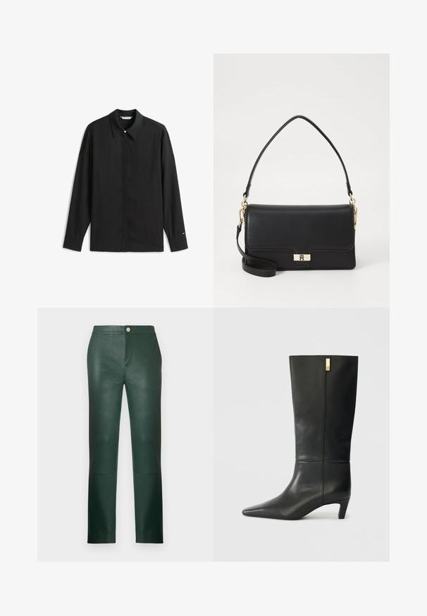 Schwarzes Langarmhemd mit spitzem Kragen, vorderer Knopfleiste und einem goldfarbenen Akzentknopf. Verfügt über eine glatte Textur und eine entspannte Passform.; Grüne Ledershorts mit geradem Bein, Reißverschluss und einer Fronttasche. Glatte Textur mit leichtem Glanz und minimalen Beschlägen.; Schwarze Lederstiefelette bis zum Knie mit spitzem Zeh und kleinem Absatz. Hat ein elegantes Design mit goldenen Akzenten. Glatte Textur.; Schwarze Lederhandtasche mit rechteckiger Form, ausgestattet mit einem goldenen Verschluss, einem oberen Griff und einem abnehmbaren Schultergurt. Glatte Textur.