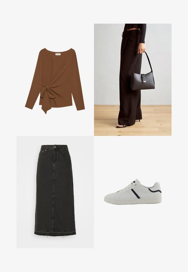 Brūna garām piedurknēm topa, kas izceļas ar plašu dekoltē un mezglu detaļu vienā pusē, izgatavota no mīkstas, teksturētas auduma.; Melnas denima midi svārki ar pieguļošu jostasvietu, priekšējo pogu aizdari un saplēstu apakšmalu. Iekļauj klasisko piecu kabatu dizainu un vieglu tekstūru.; Balti sintētiskie kedu ar zemu profilu, ar tumši ziliem diagonalajiem svītrām, perforācijām sānos un teksturētu gumijas zoli.; Melnā somiņa ar strukturētu formu, gludu tekstūru un metālu sprādzi. Saskaņota ar platām melnām biksēm un sandālēm ar atvērtu purngalu uz koka grīdas.