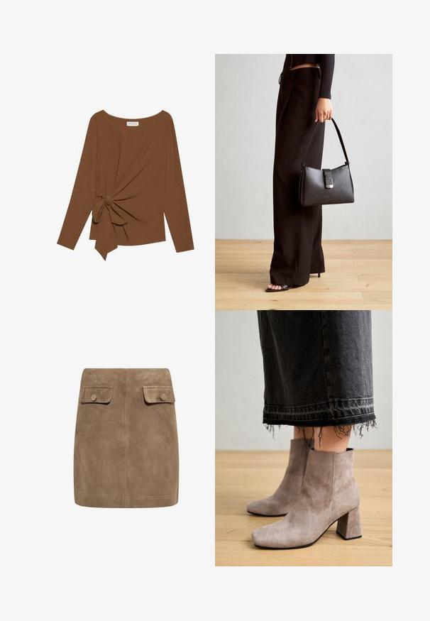 Pruuni pikad varrukad ja laia kaelusega topp, millel on ühe külje sõlmekaunistus, valmistatud pehmest ja tekstuuriga kangast.; Pruun nubuk mini seelik sujuva tekstuuriga, millel on kaks esimest klapikotti ja nupuväravad igal küljel. Lihtne, sirge disain.; Anna Field LEATHER - Klassikalised poolsaapad - taupe; Must musta kott, millel on struktureeritud kuju, sile tekstuur ja metallist klamber. Kombineeritud laiate mustade pükstega ja avatud varvaste sandaalidega puidust põrandal.